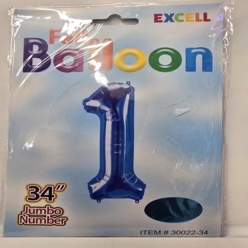 Foil Balloon 34 inches Blue color. Number 1. Birthday