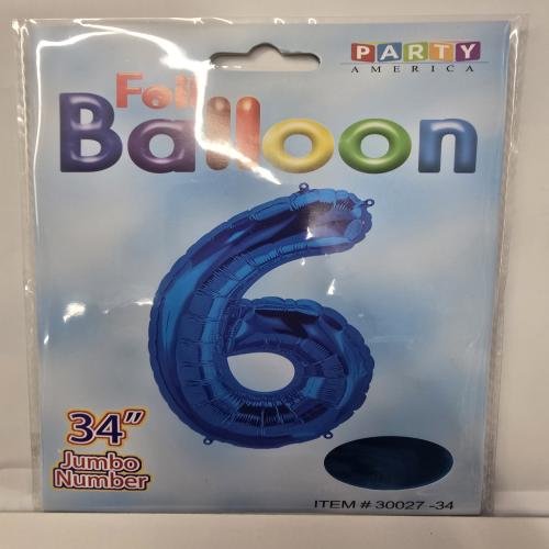 Foil Balloon 34 inches Blue color. Number 6. Birthday
