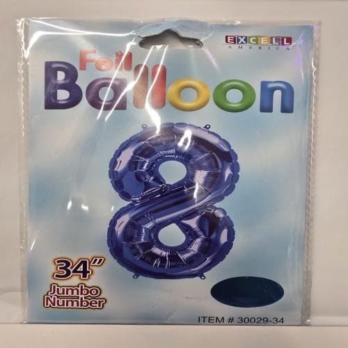 Foil Balloon 34 inches Blue color. Number 8. Birthday
