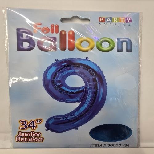 Foil Balloon 34 inches Blue color. Number 9. Birthday